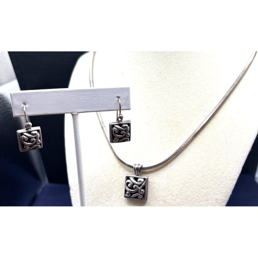 925 Silver Snake Chain + Solid Pendant + Earring Set w/ Scroll Design + Patina